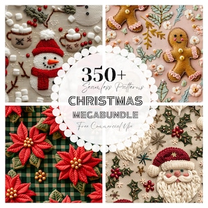 May include: A collage of images featuring various Christmas-themed embroidery patterns, including a snowman, gingerbread man, poinsettia, and Santa Claus. The text "350+ Seamless Patterns CHRISTMAS MEGABUNDLE Free Commercial Use" is displayed in a white circle.