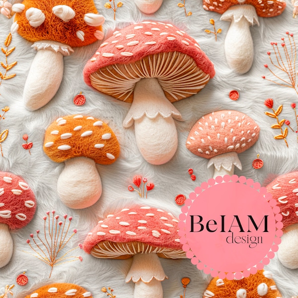 3D Adorable Fuzzy Fur Mushrooms Seamless Pattern Repeating File for Fabric Sublimation Download Digital Paper Scrapbooks Surface Design