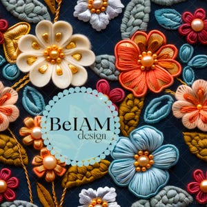May include: A close-up of a colorful embroidered fabric with a variety of flowers and leaves. The fabric is a dark blue color and the flowers are in shades of red, orange, yellow, white, and blue. The fabric has a logo in the center that says "BelAM design".
