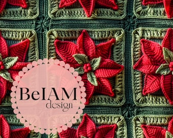 3D Granny Square Poinsettias Digital Paper Repeat Print for Fabric Sublimation Crochet Christmas Seamless File Wallpaper Commercial Use