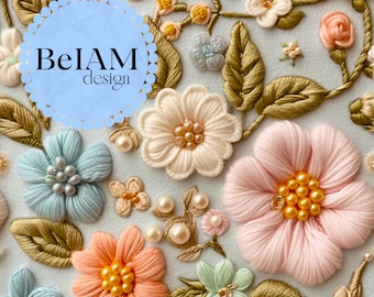 3D Pastel Floral Embroidery Seamless Pattern: Fabric Sublimation Design (Digital Download)