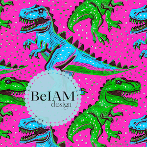 May include: A seamless pattern featuring green and blue dinosaurs on a hot pink background. The dinosaurs are outlined in black and have white spots. The background is covered in small white dots.