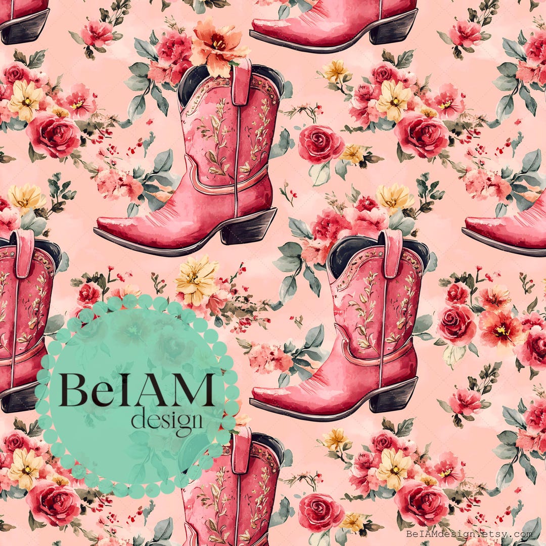 Pink Floral Cowgirl Boots Seamless Pattern: Boho Western Fabric ...