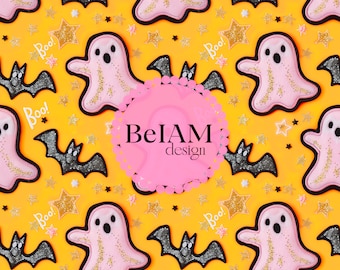 3D Retro Neon Halloween Seamless Pattern: Pink Ghost, Orange Fabric (Digital Download)