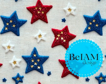 3D刺繍の星のシームレスパターン：愛国的な布プリント（デジタル）