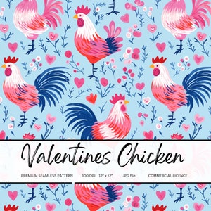 May include: A seamless pattern featuring pink and blue roosters with hearts and flowers on a light blue background. The text "Valentines Chicken" is at the bottom of the pattern.