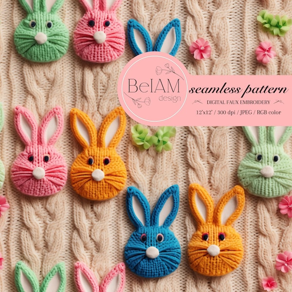 Colorful Bunny Seamless Knitted Texture Faux Embroidery Seamless Pattern for Fabric Printing Cabble Knit Seamless Design Repeating Pattern