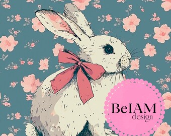 Patrón sin costuras de conejito de Pascua con flores: Diseño de tela primaveral (archivo digital)