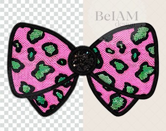 Pink Leopard Sequin Bow PNG: Faux Stitch Glitter Sublimation (Digital File)