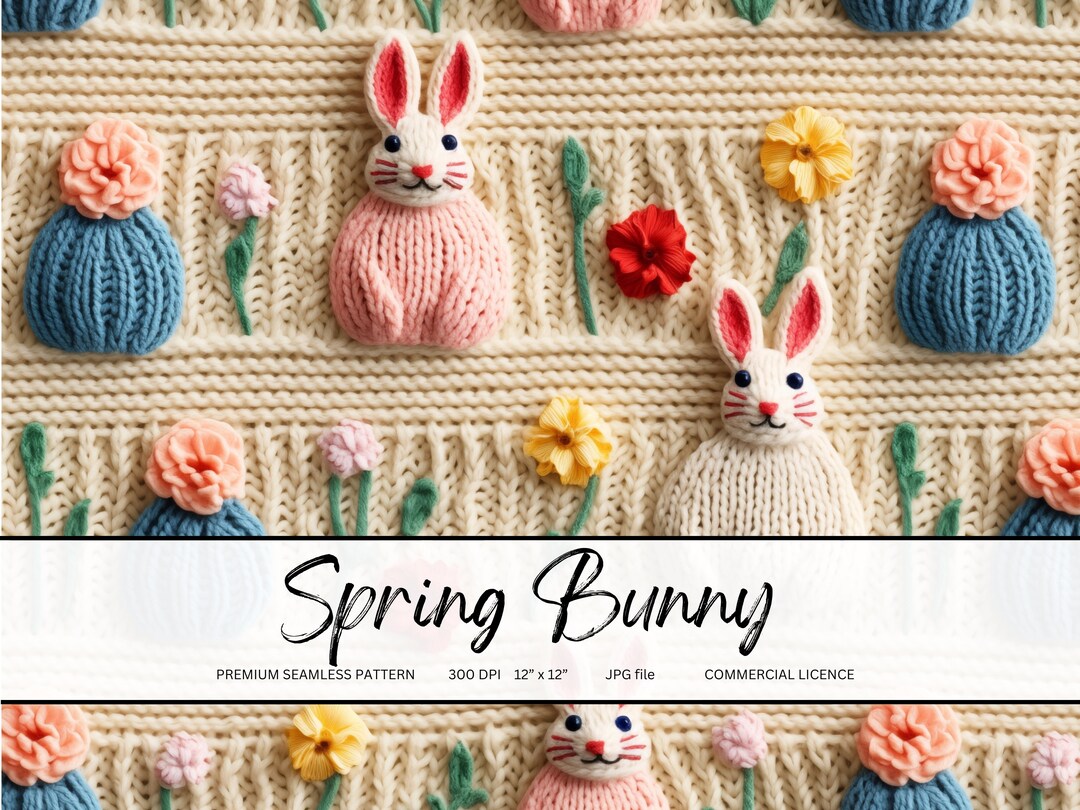 Knitted Spring Landscape Faux Embroidery Spring Bunny Knitted Texture: Seamless Fabric Design ...