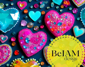 Neon Glitter Hearts Seamless Pattern: 3D Valentines Fabric (Digital File)