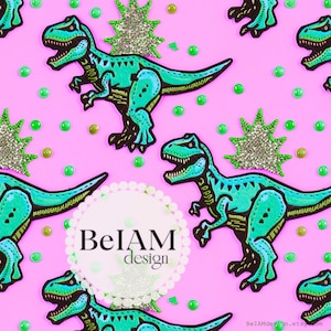 File di ripetizione del motivo senza cuciture 3D Bright Neon Trex per la sublimazione del tessuto Carta digitale Neon Dino Stampa su tessuto personalizzata Sfondo per costumi da bagno