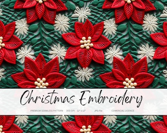 Christmas Poinsettia Embroidery Seamless Pattern (Digital Download)
