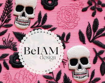 Pink Skull Faux Embroidery Pattern: Halloween Fabric Design (Digital)