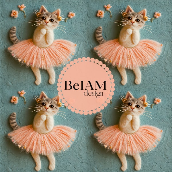 Cute Ballerina Cat Seamless Repeating Pattern for Fabric Sublimation Faux Embroidery Girly Cat 3D Seamless Pattern Digital Paper