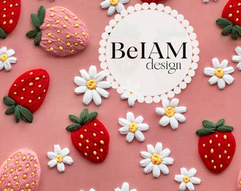 Strawberry Daisy Faux Embroidery Pattern: Seamless Fabric Sublimation (Digital)