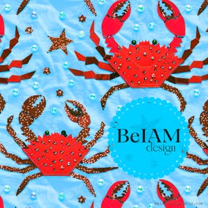 File di ripetizione del modello senza cuciture di Red Crab Boy Swim per la stampa su tessuto, carta digitale estiva da spiaggia, stampa su tessuto personalizzata, sfondo per costumi da bagno