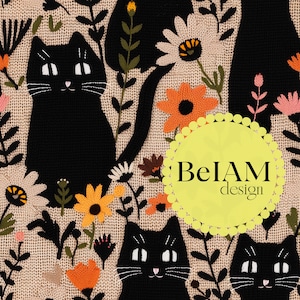 May include: A beige knitted fabric with a black cat design and floral embroidery. The fabric features a repeating pattern of black cats, flowers, and leaves. The text "BelAM design" is embroidered in a yellow circle.