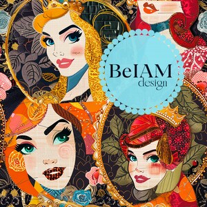 Pode incluir: Uma ilustração digital colorida com três princesas de contos de fadas clássicos. Cada princesa está enquadrada em um espelho adornado com ouro e joias. O fundo é um padrão floral escuro. O texto "BelAM design" está em um círculo azul.