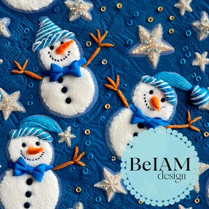 File ripetuto senza cuciture del modello 3D del pupazzo di neve blu per la sublimazione del tessuto Carta da parati con design del bicchiere con fiocco blu e stelle glitterate, artigianale in carta digitale