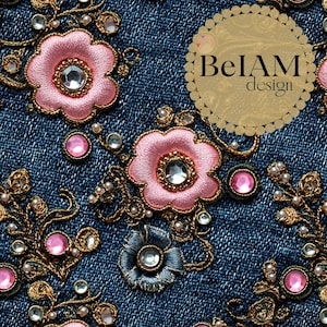 3D ゴールド刺繍 ピンク フローラル シームレス パターン リピート ファイル ファブリック 昇華 デニム 刺繍 デジタル ペーパー クラフト タンブラー デザイン 壁紙