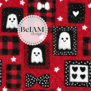Trendy Halloween Checks Seamless Pattern Repeating File for Fabric Seamless Digital Paper Custom Fabric Commercial Use Bow Red Checks Ghosts