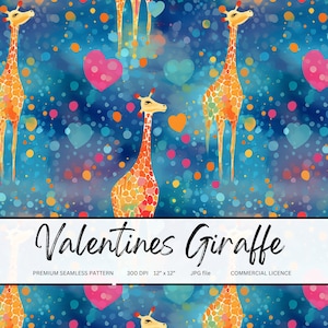 Puede incluir: Un patrón sin costuras con jirafas coloridas y corazones sobre un fondo azul con lunares blancos. Las jirafas están dibujadas en un estilo acuarela con manchas naranjas, amarillas y marrones. Los corazones son rosas y rojos. El patrón es perfecto para el Día de San Valentín o cualquier ocasión.