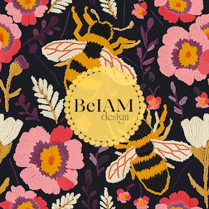 Retro Floral Bee Pattern Repeating File for Fabric Sublimation Spring Seamless Digital Paper Bumble Bee Seamless Cute Bee Papers