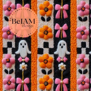 Fichier répétitif 3D mignon fantôme rayé noeud marguerite motif transparent pour sublimation de tissu Halloween papier numérique tissu personnalisé usage commercial