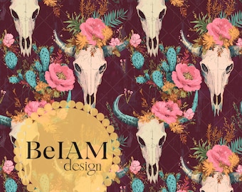 Boho Cow Skull Fabric: Floral Western Seamless Pattern (Digital Download)