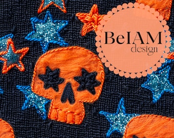 3D Boy Halloween Skulls Seamless Pattern: Orange & Blue Fabric Design (Digital Download)