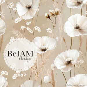Padrão de repetição sem costura de flores silvestres de papoulas boho neutras para sublimação de tecido Papel digital de flores silvestres boho Fundo de tecido personalizado