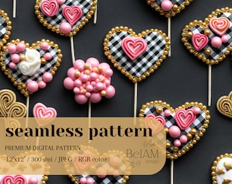 3D Heart Lollipop Valentines Seamless Pattern: Faux Embroidery Fabric Design (JPEG)