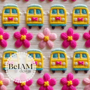 3D roze bloemen gele bus naadloos patroon herhalend bestand voor stof sublimatie meisje terug naar school digitaal papier gratis commercieel gebruik