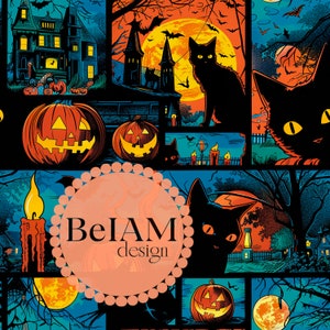 Può includere: Un'illustrazione colorata a tema Halloween con un gatto nero, una casa stregata, zucche e pipistrelli. L'illustrazione è in stile fumetto con uno sfondo blu brillante e accenti arancioni e gialli.