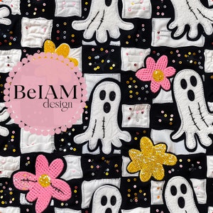 Checkered Groovy Ghosts Seamless Pattern: Fabric Sublimation, Digital Paper (JPEG File)