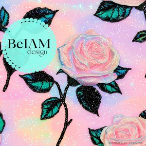 May include: A close-up of a pink and white iridescent rose with green leaves and black stems on a glittery pink and blue background. The text "BeIAM design" is in a circle in the top left corner.