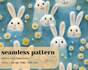 Rabbit Easter Seamless Pattern: Faux Embroidery Spring Fabric (Digital File)
