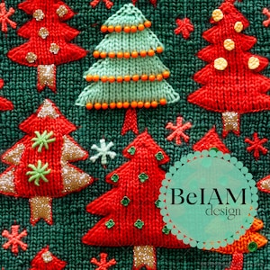 May include: A green knitted fabric with a repeating pattern of red and green Christmas trees. The trees are decorated with gold glitter and beads. The fabric has a white background with a snowflake pattern. The text "BelAM design" is in a circle in the lower right corner of the image.