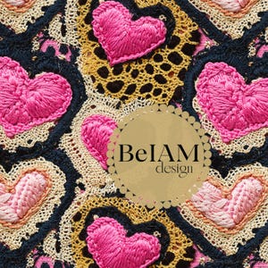 May include: A seamless pattern featuring pink hearts embroidered on a black background with gold and beige lace. The text "BelAM design" is in the centre of the image.