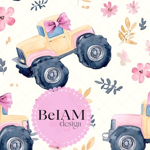 Frühlings-Kokette Monstertruck-Nahtlose Datei-Wiederholungs-Druck für Stoff-Sublimations-Girly LKW-Digital-Papier-Handwerks-Tumbler-Design-Tapete