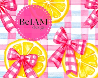 Summer Checkered Seamless Pattern Repeating File for Fabric Sublimation Lemons Bows Digital Paper Custom Fabric Print Background