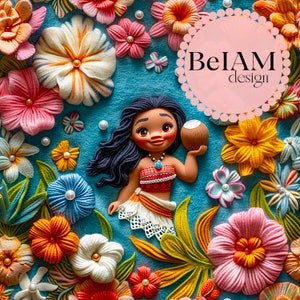 Padrão floral 3D da princesa Maui sem costura, arquivo de repetição para sublimação de tecido, download de papel digital, scrapbook, design de superfície, papel de parede