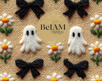 3D Neutral Coquette Ghost Pattern: Black Bow, Daisy Fabric (Digital Paper)