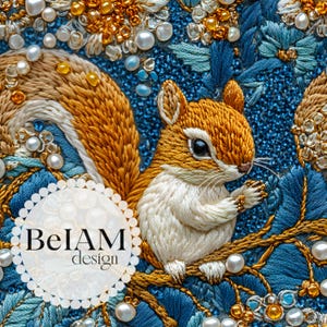 Puede incluir: Imagen bordada de una ardilla sentada en una rama con un fondo azul y dorado. La ardilla está hecha de hilo blanco y marrón. El fondo está decorado con cuentas y perlas.
