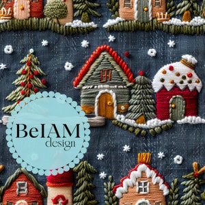 3D Stickerei Lebkuchenhaus auf Denim Nahtlose Muster Wiederholungsdatei Stoff Sublimation Weihnachten Digitales Papier Tumbler Design Tapete