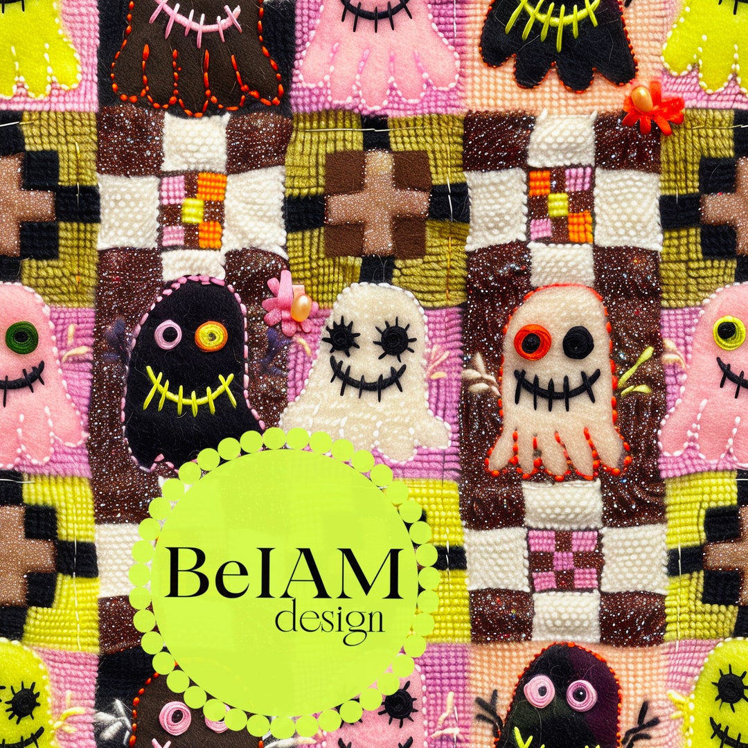 Patchwork Ghost Pattern Neon Halloween Ghost Patchwork Seamless Pattern: Fabric Sublimation ...