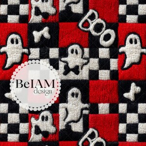 May include: A red and black checkered fabric with white embroidered ghosts, bones, and the word "BOO".