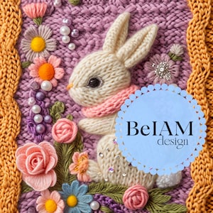 Bright Pastel Knitted Bunny Seamless Pattern for Fabric Sublimation Floral Bunny Digital Paper Easter Seamless 3D Textured Digital Paper