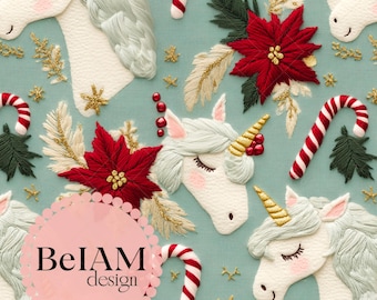 May include: A seamless pattern featuring white unicorns with closed eyes, red poinsettia flowers, candy canes, and gold glitter on a light blue background. The text "BelAM design" is in a pink circle.